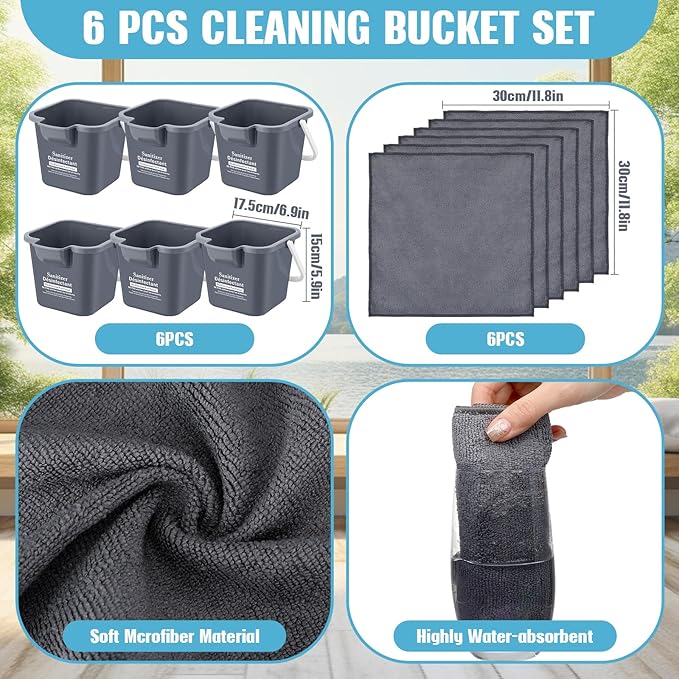 Vesici 6 Sets 3 Quart Cleaning Bucket with Microfiber Cleaning Cloths Small Sanitizing Square Bucket Detergent Plastic Utility Pail with Handle for Household Restaurant Office School Use (Gray)