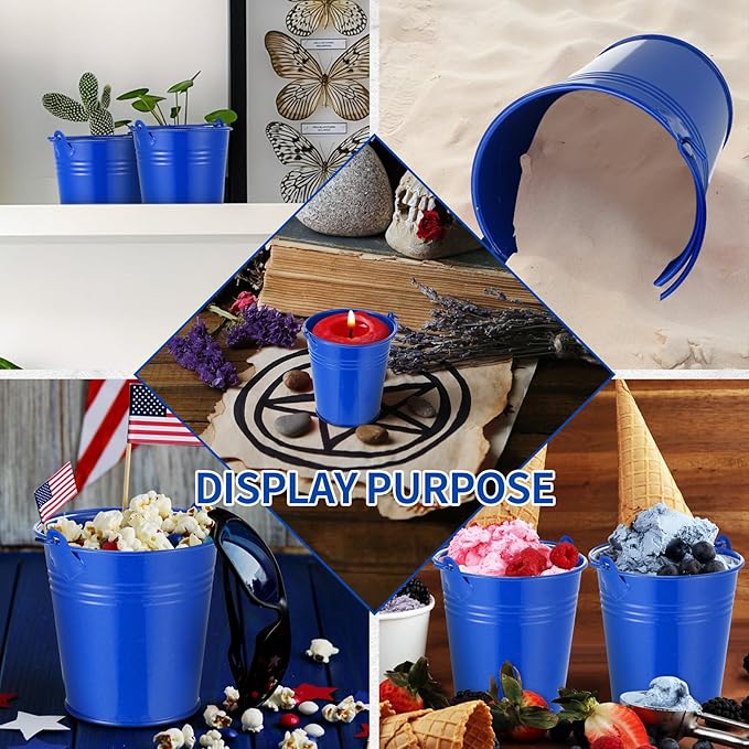Mini Metal Buckets with Handles Galvanized Buckets 3.15 Inch Mini Container Pails for Metal Tin Plant Holder Pail for Wedding Decoration Party Favor(Blue,28 Pcs)