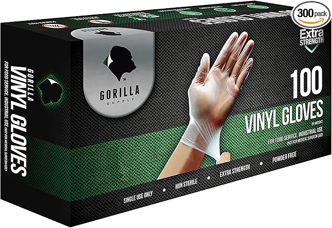 GORILLA SUPPLY Disposable Heavy Duty Vinyl Gloves, Large, 300 Count, BPA Free, Food Safe, Powder Free