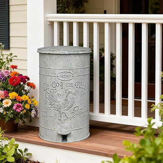 Farmhouse Metal Trash Can with Lid Retro Step Pedal Garbage Cans Vintage Round Step-On Waste Container with Removable Inner Bucket for Kitchen Bathroom Bedroom Toilet Office Garden Outdoor 15 Liter