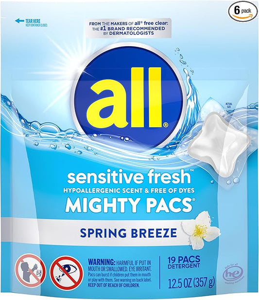all sensitive fresh, Spring Breeze, MIGHTY PACS Scented Laundry Detergent for Sensitive Skin, Hypoallergenic, 19 Count (Pack of 6)