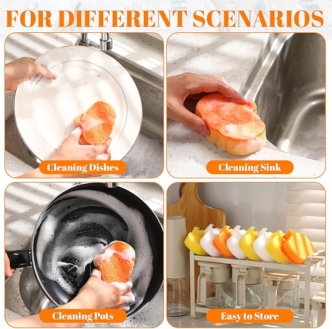 Tioncy 12 Pack Thanksgiving Pumpkin Kitchen Sponges Bulk Fall Dual Sided Scrubber Sponges Dishwashing Non Scratch for Kitchen Accessories Dish Scouring Orange, Yellow, Beige