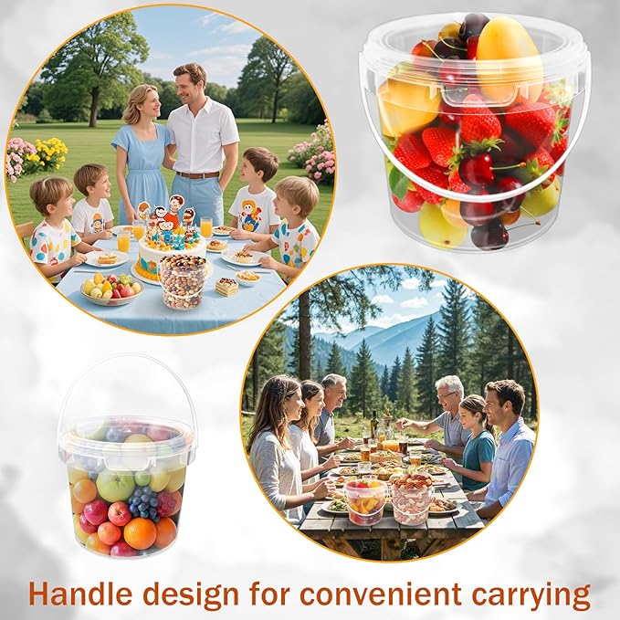24 Pcs 48 oz Clear Buckets with Lids, Plastic Ice Cream Containers with Colorful Stickers and Handle, Round Food Storage Pails for Freezer and Microwave
