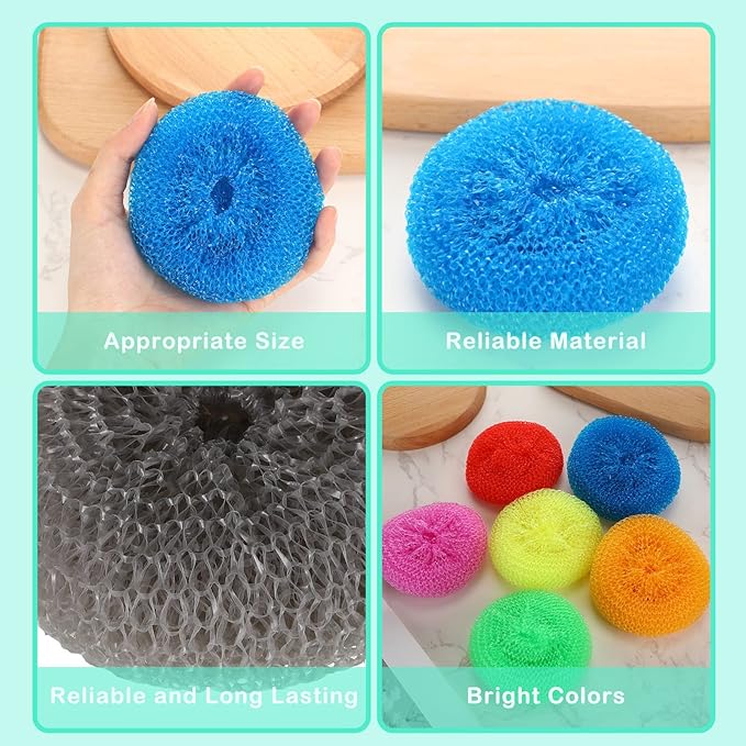 Nuogo 100 Pieces Reusable Plastic Dish Pot Scrubbers Bulk, Non-Scratch Nylon Scouring Pads for Kitchen Cleaning, Assorted Color Poly Mesh Dishwashing Pads for Household Use