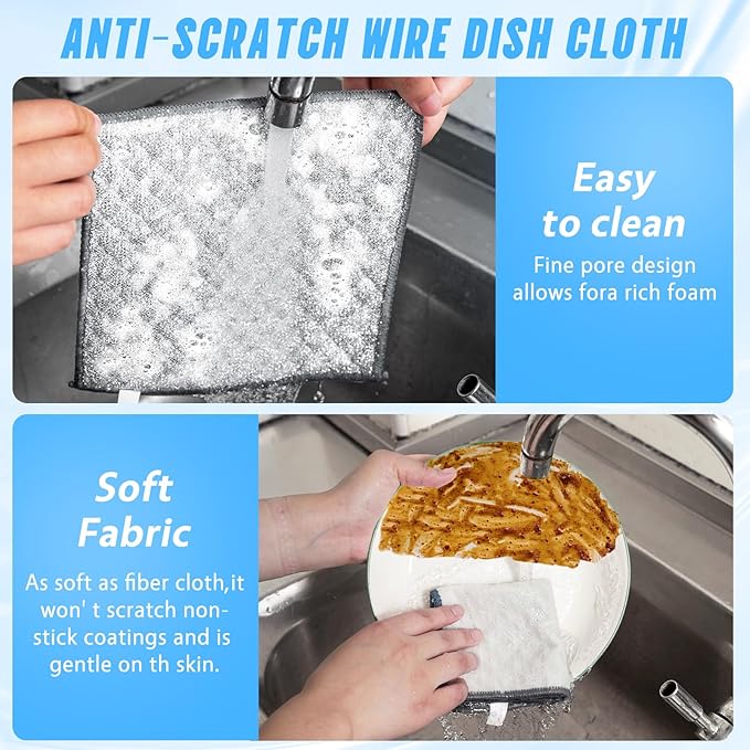 20 PCS Four-Layer Non-Scratch Multipurpose Steel Wire Dishcloths - Reusable Quick-Dry Odor-Free Scrub Cloths for Dishes, Kitchen Cleaning Cloths for Cookware, Sinks, Stove Tops(7.87X7.87)