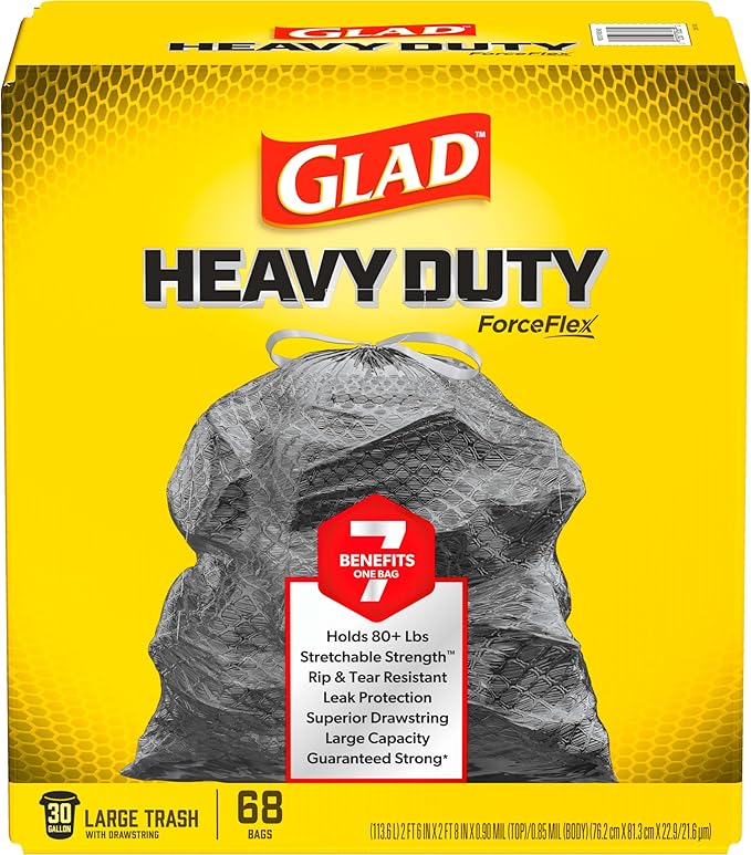 Glad ForceFlex Trash Bags 30 Gallon | Black | LeakGuard Protection | Stretchable Strength | 68 Count, Pack of 4