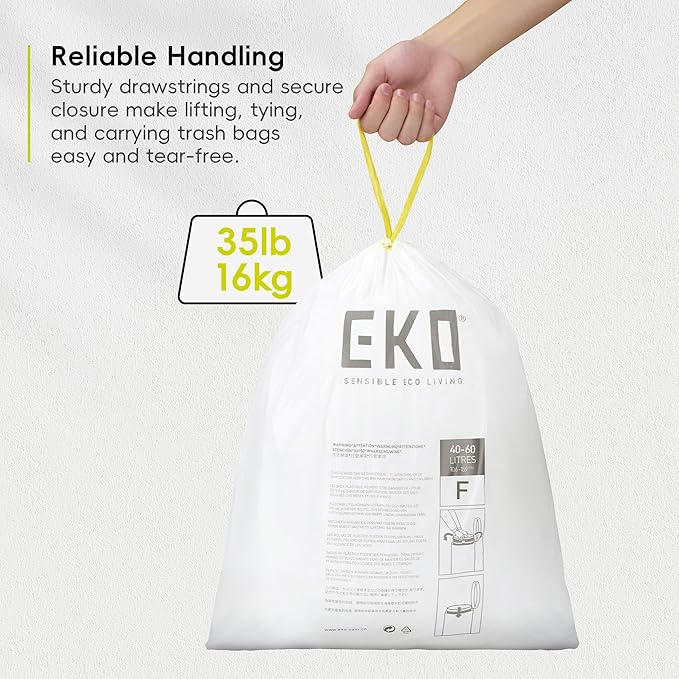 EKO 13 Gallon / 40-60 Liter,110 Count Drawstring Trash Bags, Extra-Strong Unscented Garbage Bags, Easy-Dispense Roll for Kitchen & Household Use, Resists Tears, Leaks and Punctures, Code F, White