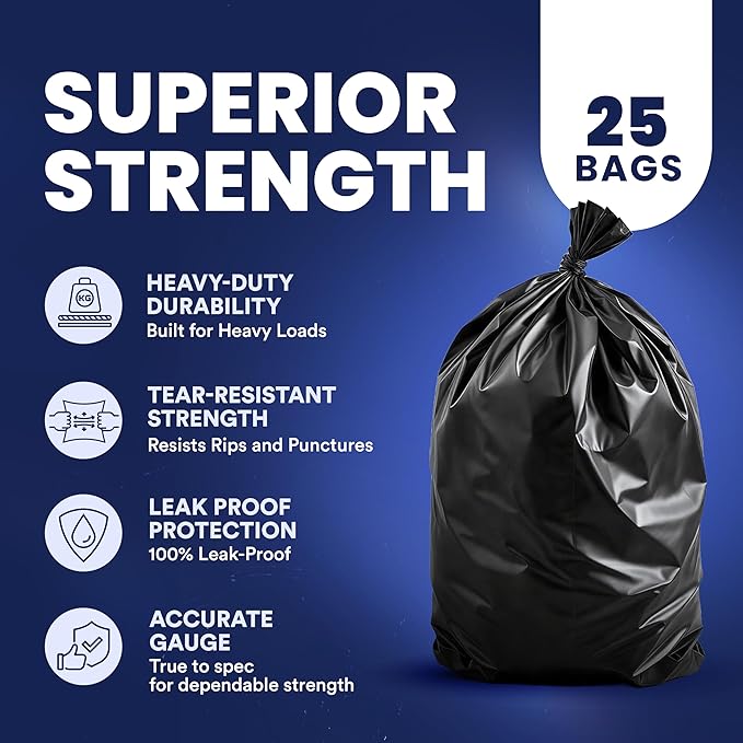 Plasticplace Contractor Trash Bags 55-60 Gallon │ 6.0 Mil │ Black Heavy Duty Garbage Bag │ 36” x 58” (25 Count)