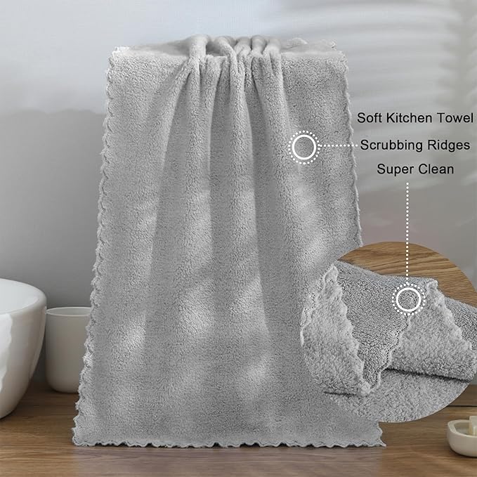 kimteny Kitchen Cloth Dish Towels, 13x28 Inches Premium Dishcloths, Super Absorbent Coral Velvet Microfiber Cleaning Cloths, Fast Drying Rags for Washing Dishes (13x28-12 Pack, Grey)
