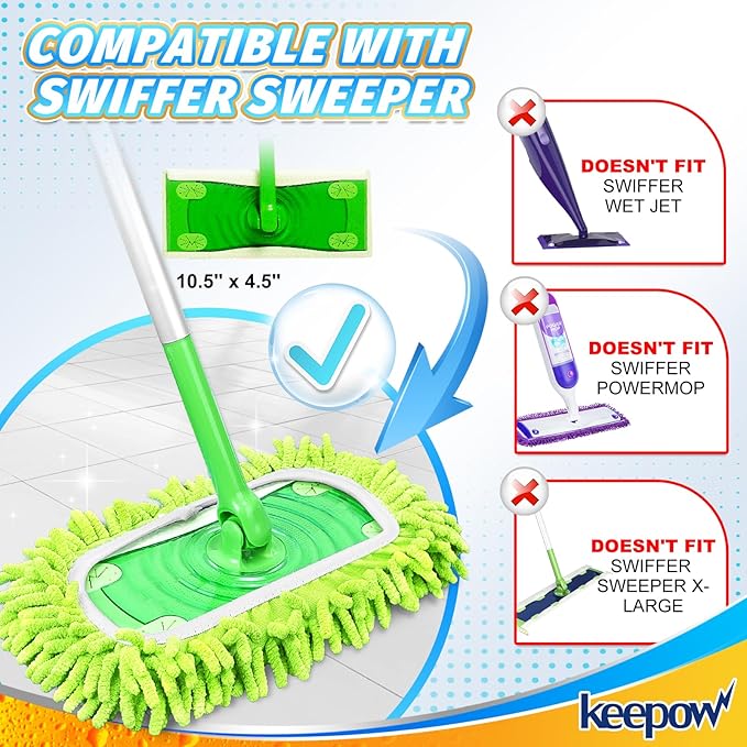 KEEPOW Reusable Microfiber Mop Pads Compatible with Swiffer Sweeper & Mop Deluxe 2-in-1, Wet & Dry Mopping Cloths for All Floors, Compatible with Swiffer Dry Sweeping Cloths for Cleaning (2 Pack)