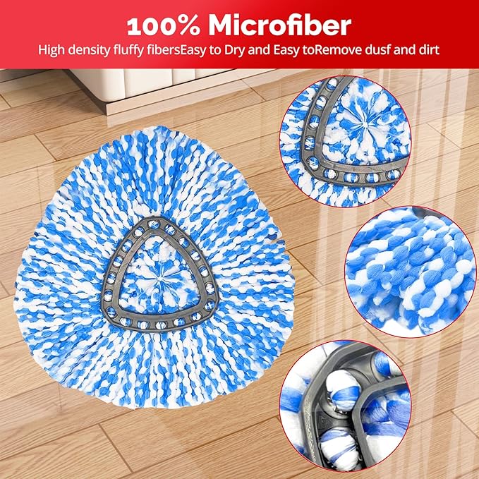 Spin Mop Head, Base, Handle Replacement for O-Ceda RinseClean 2 Tank System,4 Microfiber Mop Refills, 1 Base and 30-58in Handl Set Combo (Blue 2 Tank System)