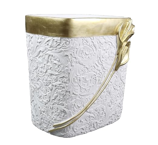 Hymmah Bathroom Trash Can 1.8 Gallon(7 Liter) Small Kitchen Garbage Can,Decor Wastebasket for Bedroom Office,Resin Hand-Carved Colla Lotus White&Gold