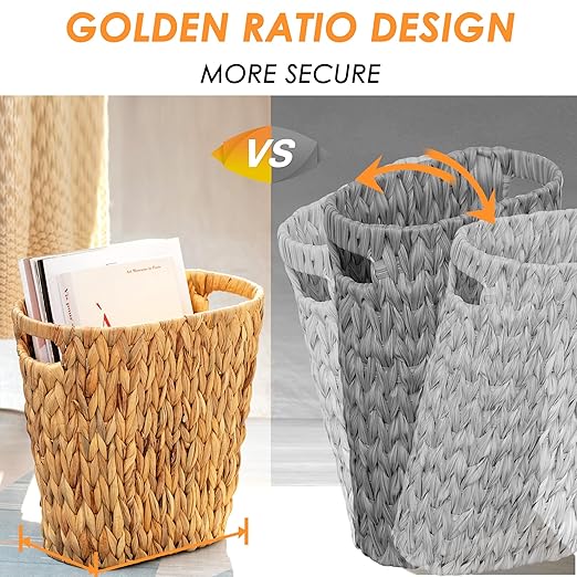 Wicker Trash Can, Bathroom Waste Bin with Built-in Handle Trash Bin, Hand-Woven Water Hyacinth, Wicker Waste Basket, Bedroom, Office, Bathroom Boho Waste Basket, 1 Pack