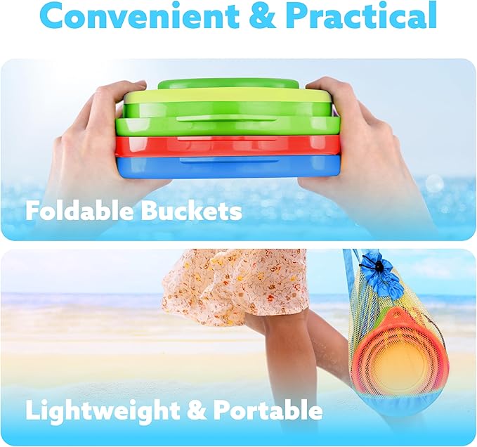 JOYIN 3 Packs Foldable Pail Bucket with Shovels & Mesh Bag, Collapsible Buckets Multi Purpose for Beach, Camping Gear, Beach Party, Fishing, and Fun Summer Activities (Orange/Blue/Green)