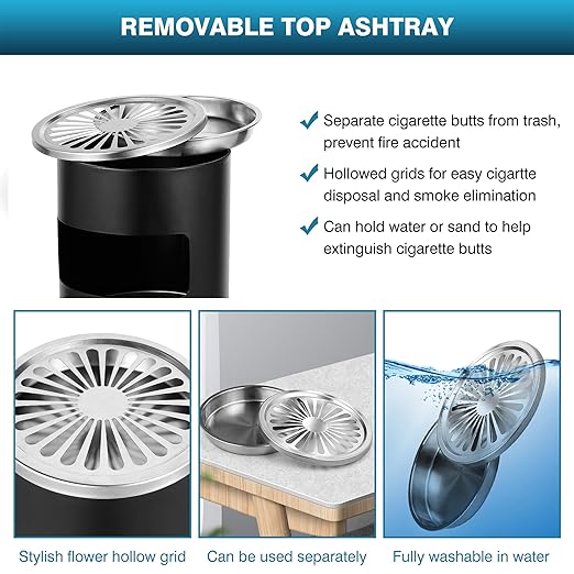 IRONWALLS Outdoor/Indoor Trash Can with Lid, Black Stainless Steel Garbage Can Waste Bin Receptacle Container, Commercial Trash Can Round with Removable Tray & Inner Bucket for Office, Patio, Home