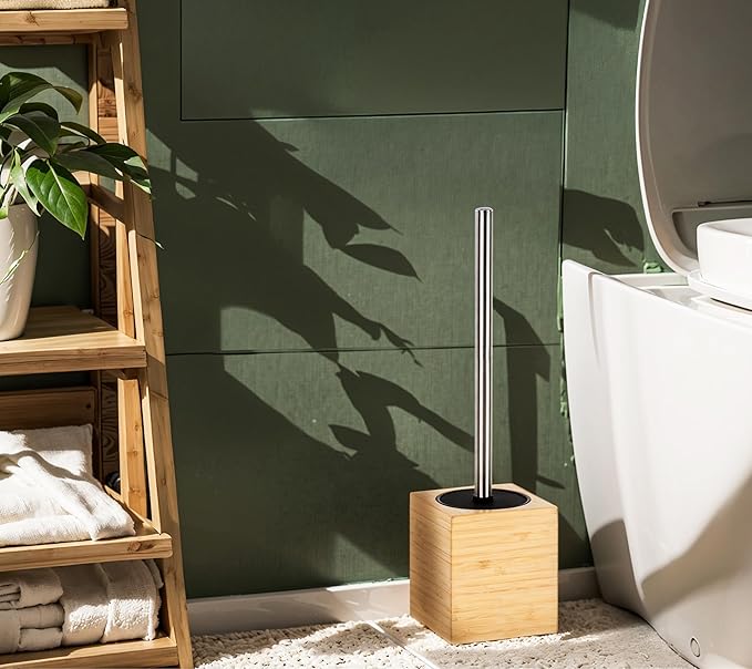 Toilet Bowl Brush Holder with Bamboo and Stainless Steel for Durable Use, Toilet Scrubber Brush with Long Handle for Easy Deep Cleaning, Compact Hidden Bathroom Toilet Cleaner Brush Set