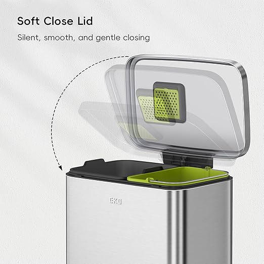 EKO Madison Brushed Stainless 25L+20L Dual Compartment Step Trash Can with Inner Liner, Recycling Bin, Soft-Close Lid, Fingerprint-Resistant Finish, and Durable Stainless Steel for Home and Office