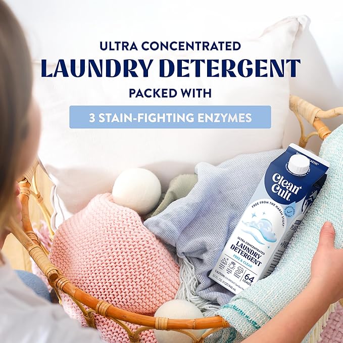 Ultra Concentrated Liquid Laundry Detergent Soap, 64 loads (32 oz), 90% Less Plastic, No Harsh Chemicals, Free & Clear, Defeats Stains & Odors, Eco-friendly, HE/Standard Compatible