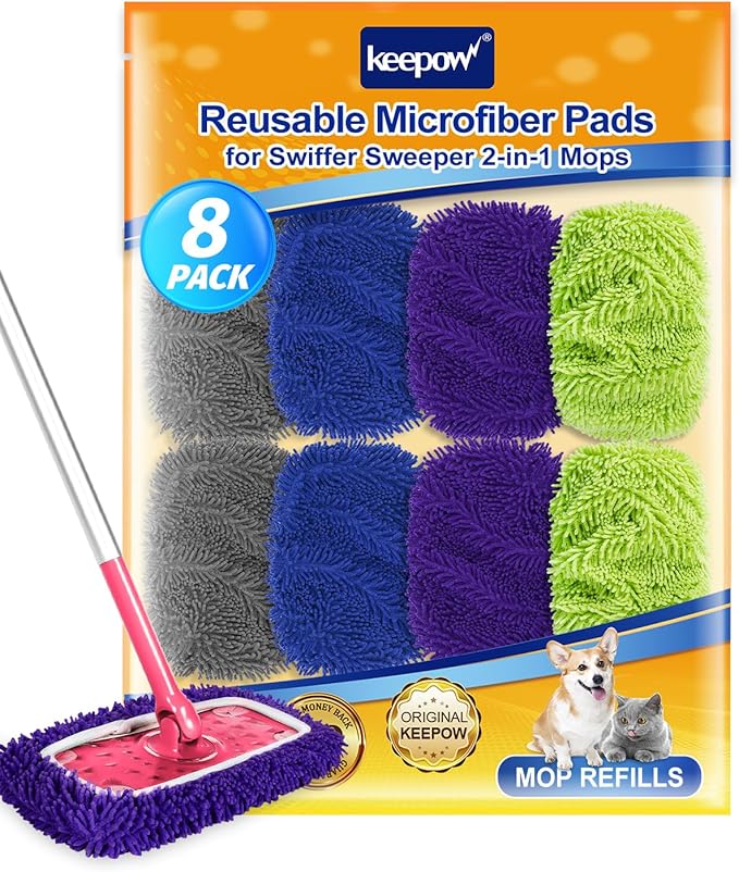 8Pcs Reusable Microfiber Mop Pads Compatible with Swiffer Sweeper Mop, Replacement Wet Mopping pad Refills & Washable Dry Sweeping Cloths for Surface/Hardwood Floor Cleaning