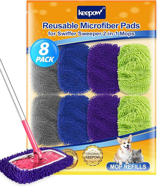 8Pcs Reusable Microfiber Mop Pads Compatible with Swiffer Sweeper Mop, Replacement Wet Mopping pad Refills & Washable Dry Sweeping Cloths for Surface/Hardwood Floor Cleaning