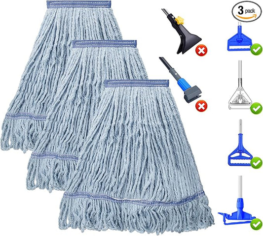KeFanta 3 Pack Heavy Duty Commercial Mop Head Replacement,Looped End String Cotton Mop Heads,Industrial Wet Mops Refill for Floor Cleaning(Blue)