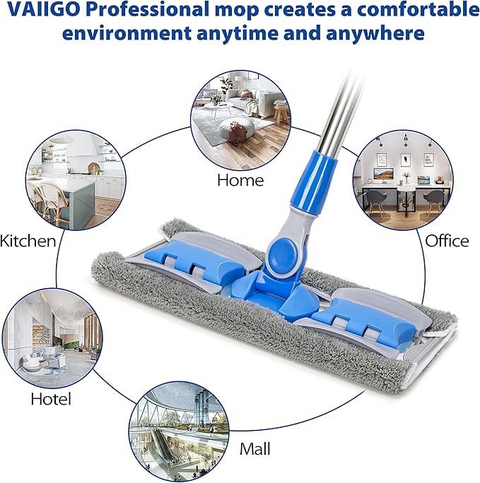 Professional Microfiber Hardwood Floor Mop, Flat Mops with 5 Pieces Reusable Washable Pads for Home and Office Wet or Dry Floor Cleaning (Sky Blue)