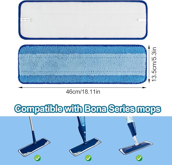 Mop Replacement Pads for Bona, Microfiber Cleaning Pad for Bona, 3 Pack 18 Inch Mop Cleaning Pads for Bona Hardwood & Hard Surface Floors, Reusable & Washable & Microfiber Mop Pads for Bona Mop