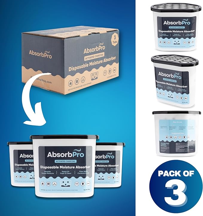 Moisture Absorber Tub with Activated Charcoal - 3-Pack - 18 oz Disposable Odor Eliminator Box & Dehumidifier for Garage, Home, Kitchen, Bedroom, Bathroom, Closet, Cars, and Boats