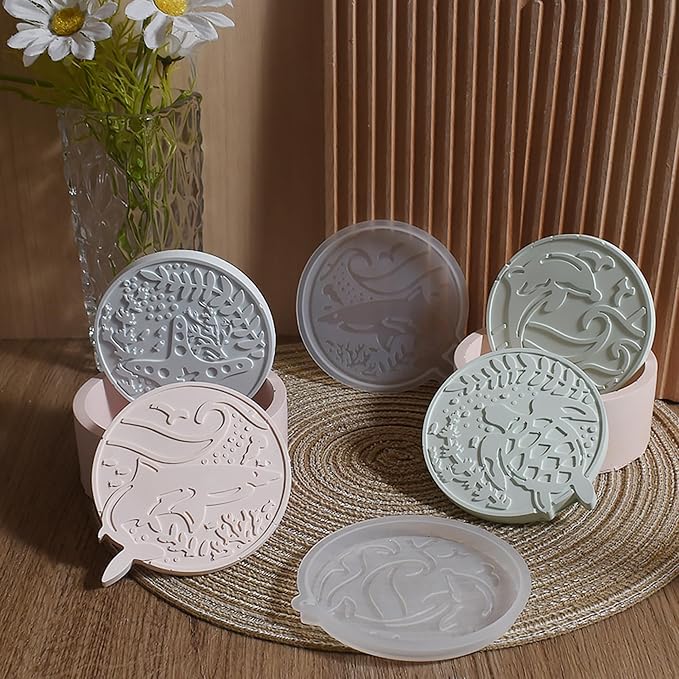 5 Pack Ocean Style Coaster Mold Set - 1 Holder + 4 Resin Casting Molds for Candle Making, Home Decor, 3D Animal Designs