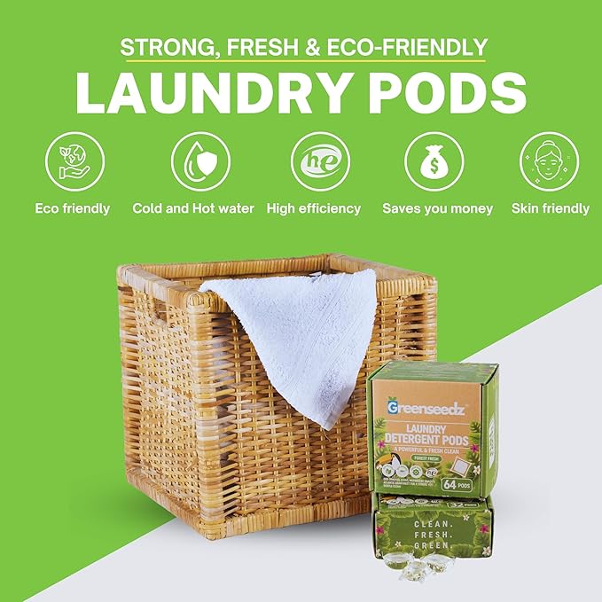 Laundry Detergent Pods, 64 Count, Fresh Scent, Eco Friendly, Biodegradable, HE Compatible, Powerful Stain & Odor Removal, Skin Friendly