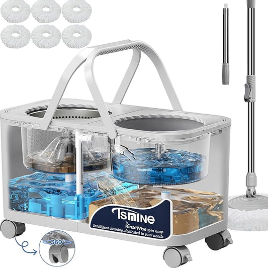 2025 Upgraded Mop Bucket Separate Dirty Water, Hands-Free Floor Cleaning System with 360° Wheels, Wet Dry Mop for Hardwood, Tile & Laminate Floors, 61" Handle & 6 Mop Heads - Grey