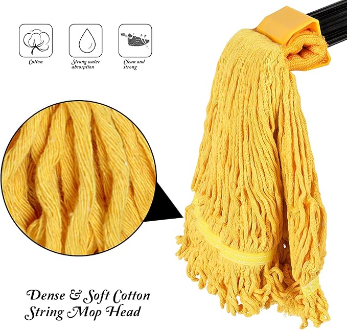 Masthome Industrial Mop, Commercial Mop for Floor Cleaning Heavy Duty, Cotton Mops Looped-End String Wet Mops with 2 MopHeads for Home, Garage, Office Floor Cleaning (Yellow-Blue)