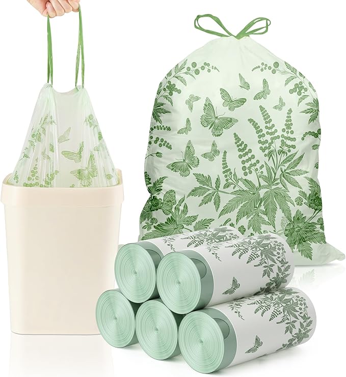 VOK 8 Gallon Trash Bags with Butterfly Printed & Sweet Wormwood Scent, Drawstring Medium Garbage Bags, Tear-Resistant & Fragrant Trash Can Liners, Trash Bags 8 Gallon for Home/Office, 125 Counts