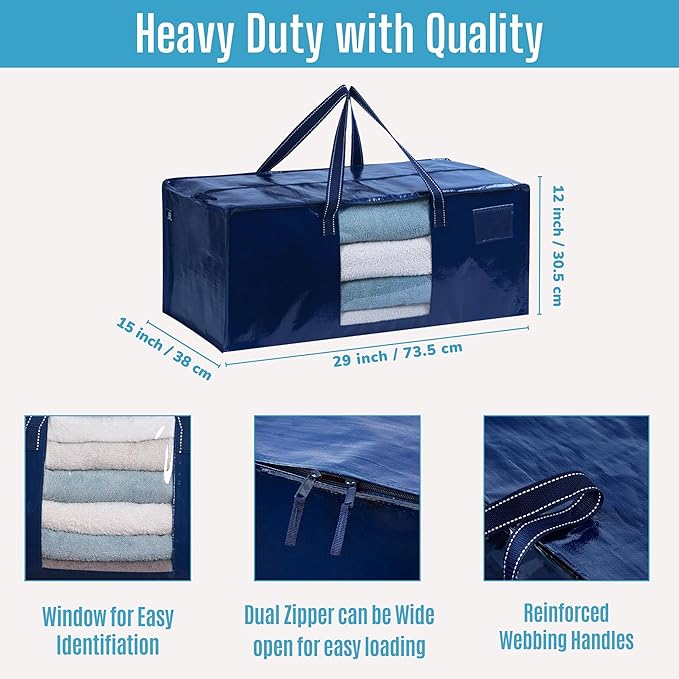 VENO 2 Pack Moving Bags Extra Large Storage Bags for College Move-In, Heavy-Duty Storage Totes, Packing Boxes, and Wardrobe Moving Supplies - Durable Laundry Bags for Clothes (Blue w/Window, 2 Pack)
