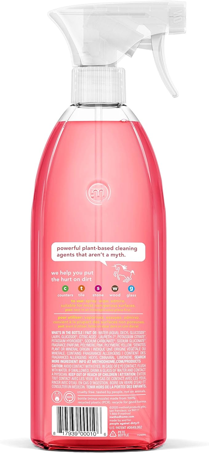 Method All-Purpose Cleaner, Pink Grapefruit, Plant-Based and Biodegradable Formula Perfect for Most Counters, Tiles, Stone, and More, 28 oz spray bottle (Pack of 2)