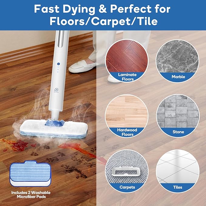 Steam Mop for Floor Cleaning,15-Second Setup,Chemical-Free Floor Cleaner for Hardwood,Laminate,Tile&Greasy Spots.Ergonomic Design with Hands-Free Standing,3 Steam Settings,Reusable Washable Pads