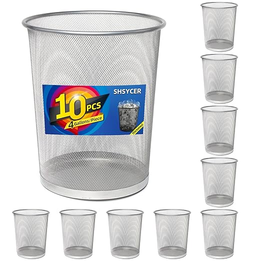 Silver Mesh Trash Cans 4 Gallon, 10Pack, Metal Wire Wastebaskets, Waste Basket Trash Can, Silver Mesh Trash Can for Office, Recycling Garbage Container Bin for Office, Home, Bedroom