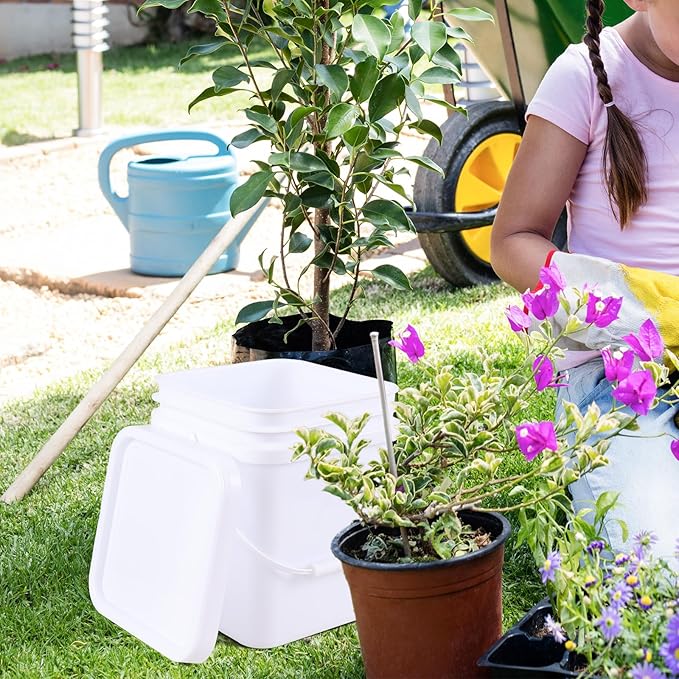 4 Gallon 4 Pack Plastic Square Utility Food Bucket with Lid and Handle, Utility Pail, White