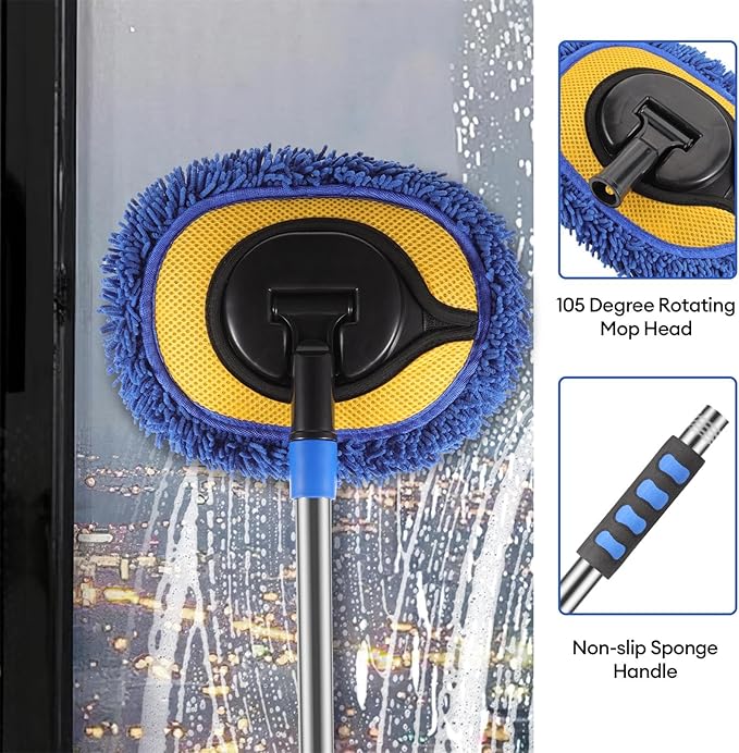 Wall Cleaner,Blue Wall Cleaner Mop with Long Handle Max 66’’ Wall Mop,Rotatable Adjustable Cleaning Mop,Ceiling Dust Mop,Cleaning Tool for Walls/Baseboard/Floors, Car Washes