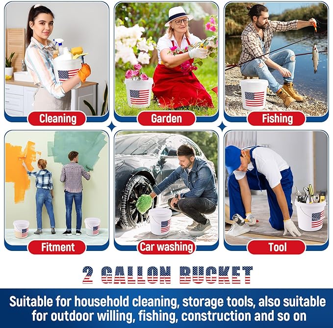 4 Pcs 2 Gallon Plastic Bucket with Lid and Handle, Large White Heavy Duty Bucket with American Flag for Home Gardening Tools Household Cleaning Baseballs Storage Container