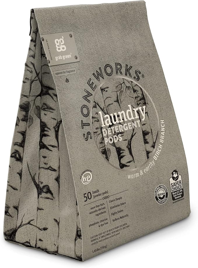 Grab Green Stoneworks Laundry Detergent Pods, Powered by Naturally-Derived Plant & Mineral-Based Powder Pods, Birch Branch, 50 Count (Pack of 1) Loads-EPA Safer Choice Certified