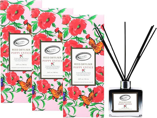 Air Jungles Poppy Entice Scent Reed Diffuser Set with Sticks 3.4 fl oz (Pack of 3), Long-Lasting Essential Oil Air Freshener for Bathroom, Office, Gym, and Bedroom Fragrance Freshener