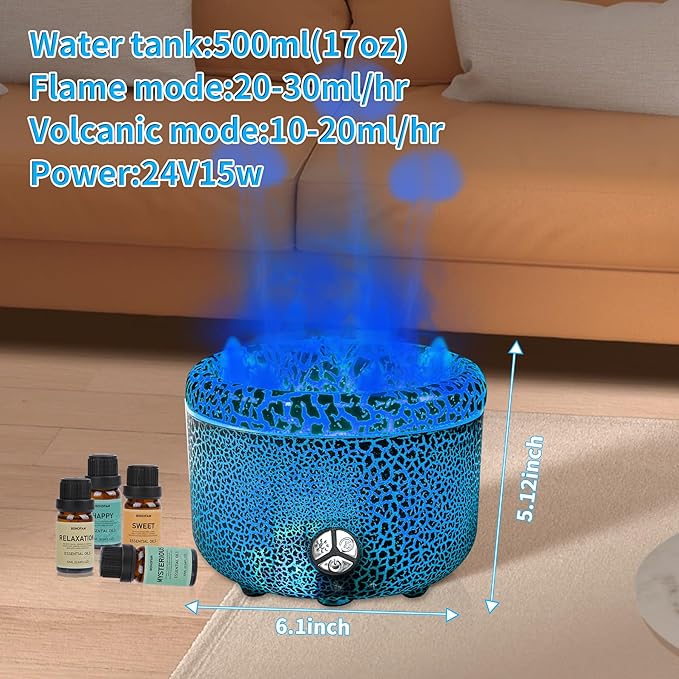 BOHOFAM Essential Oil Diffuser 500ML,Volcano and Flame Diffuser/Humidifier 2 Mode,Three Volcanic Vent Diffusers for Home,Included 4 Hotel Collection Diffuser Oil for Bedroom(Gray Crack)