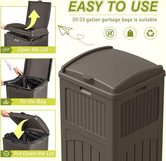 Greesum 33 Gallon Outdoor Trash Can with Lid, Waterproof Resin Garbage Bin for Hideaway, Deck, Patio, Dark Brown
