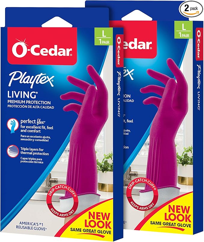 Playtex Living Reuseable Rubber Cleaning Gloves (Large, 2 Pairs), Premium Protection Reusable Household Gloves