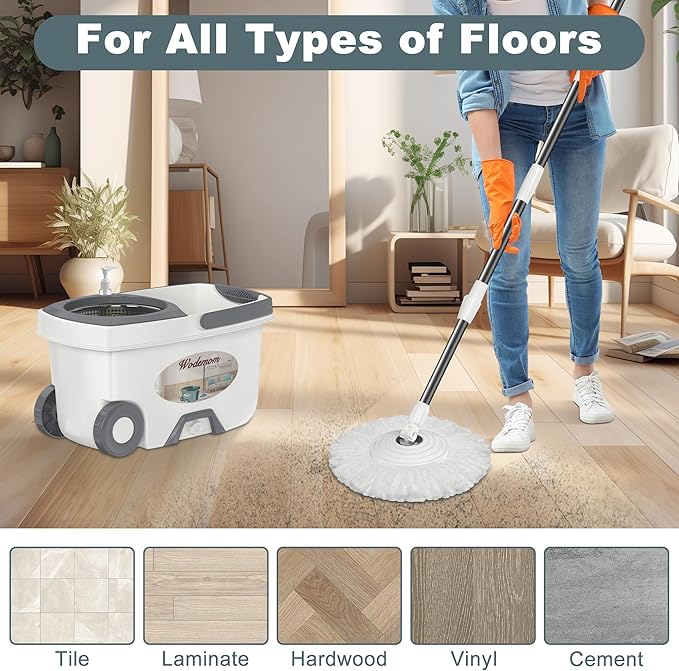 Mop and Bucket with Wringer Set,Spin Mop and Bucket System, Mops for Floor Cleaning,Household Supplies Tools with 3 Replacement Refills,61" Extended Handle for Household Hardwood Floor - White