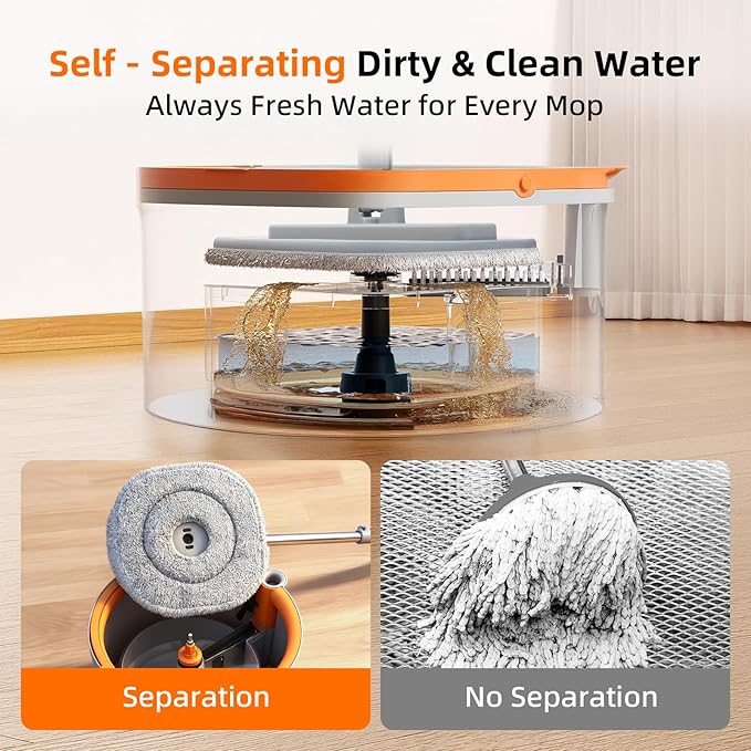 Mop and Bucket Set, Spin Mop with Dirty Water Self Separation System with 4 Mop Head Replacement, Self Cleaning Mops and Buckets System with Mop Scraper for Household Use Floor Cleaning