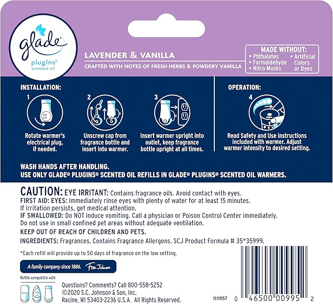 Glade PlugIns Refills Air Freshener, Scented and Essential Oils for Home and Bathroom, Lavender & Vanilla, 3.35 Fl Oz, 5 Count