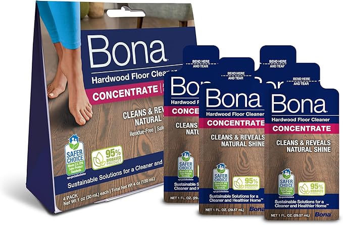 Bona Hardwood Floor Cleaner Concentrate - 1 fl oz - 4-Pack - Residue-Free Floor Cleaning Solution for Bona Spray Mop and Spray Bottle Refill - For Wood Floors