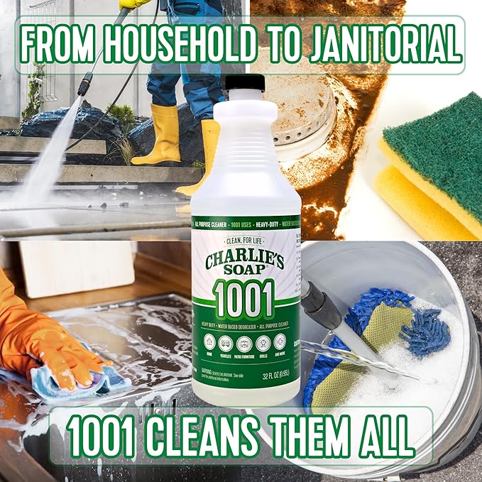 Charlie's Soap 1001 Cleaner - Heavy Duty Biodegradable Concentrated All Purpose Water Based Degreaser (32oz, 1 Pack) - Safe Residential, Commercial, & Janitorial Cleaner